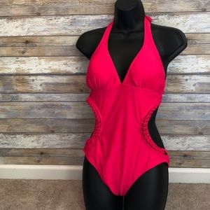 Hot pink side cutout one piece swim suit